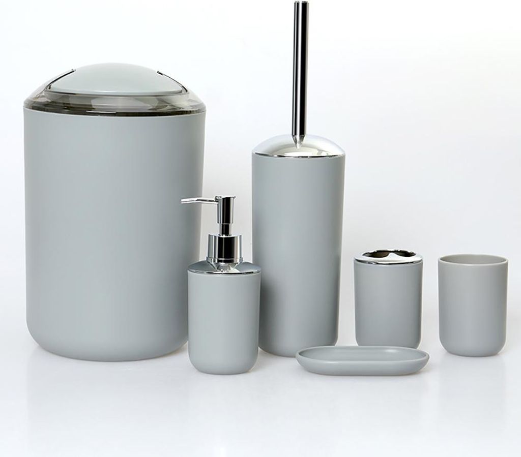 6-teiliges Badezimmer-Set, Badezimmer-Accessoires-Set, Lotionflaschen, Zahnbürstenhalter, Zahnputzbecher, Seifenschale, Toilettenbürste, Abfalleimer