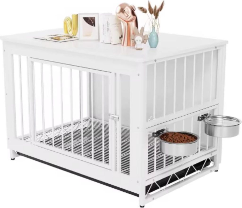 Holz-Hundebox mit drehbaren Futternäpfen – Indoor Hundekennel mit Schublade, Doppel-Türen & Höhenverstellung – Design-Hundemöbel für mitte...