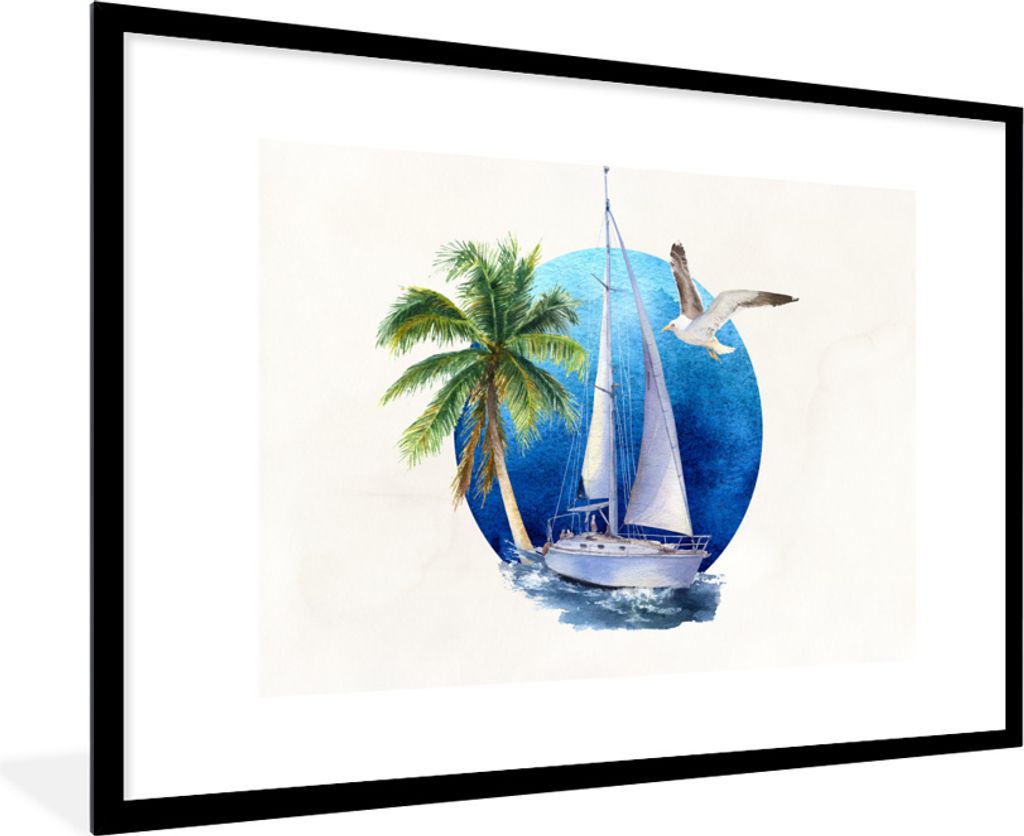 MuchoWow MuchoWow Gerahmtes Poster Segelboot - Palme - Vogel - Meer 90x60 cm - Poster mit zchwarzem Bilderrahmen - Wanddekoration - Fotos