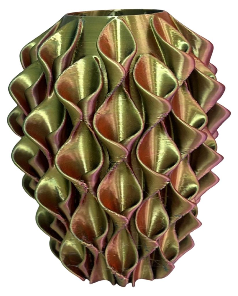 3D-gedruckte rotgoldene Blumenvase mit skulpturaler Wellenform und geometrischer Textur – dekorative Wellenvase im modernen Boho-Stil für Coucht...