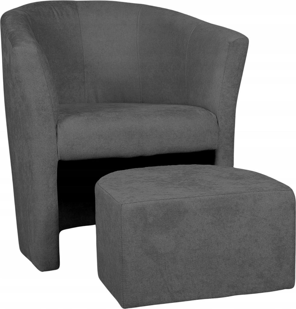 A dark gray armchair with a matching ottoman is shown against a white background.