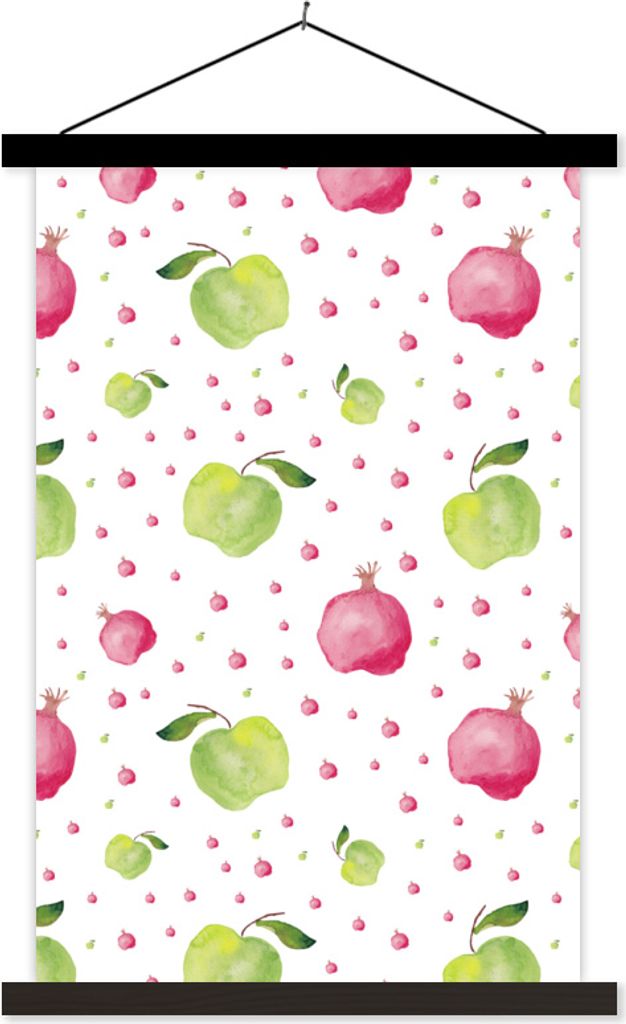 MuchoWow Textilposter Apfel - Granatapfel - Aquarellfarbe - Design 120x180 cm mit schwarzem Rahmen - Fotos