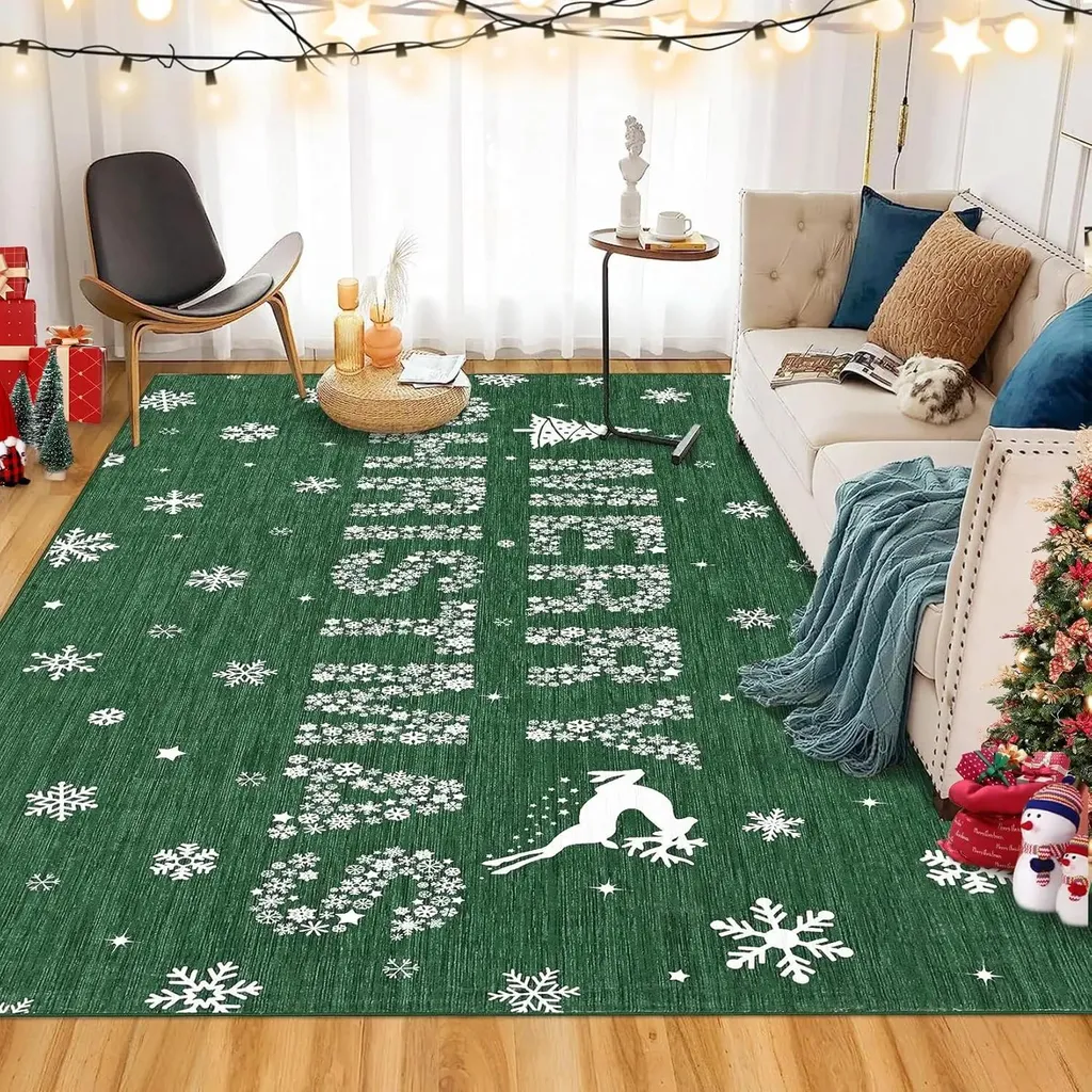 Tapis Vert Doux Antidérapant Flocon de Noël 120cm en Polyester Lavable