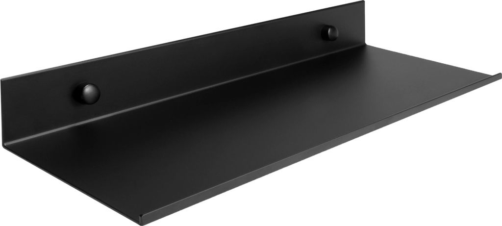 A black metal shelf mounted on a wall.