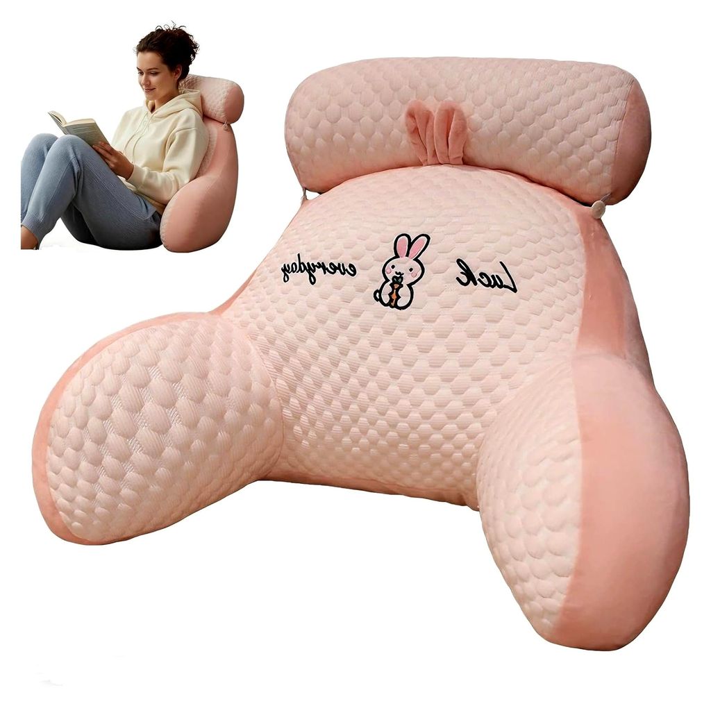 Lesekissen mit Armlehnen, Rückenkissen für Bett und Sofa, großes Rückenkissen zum Lesen mit abnehmbarer Nackenrolle (Bohnensamt rosa, 70 * 50 cm)