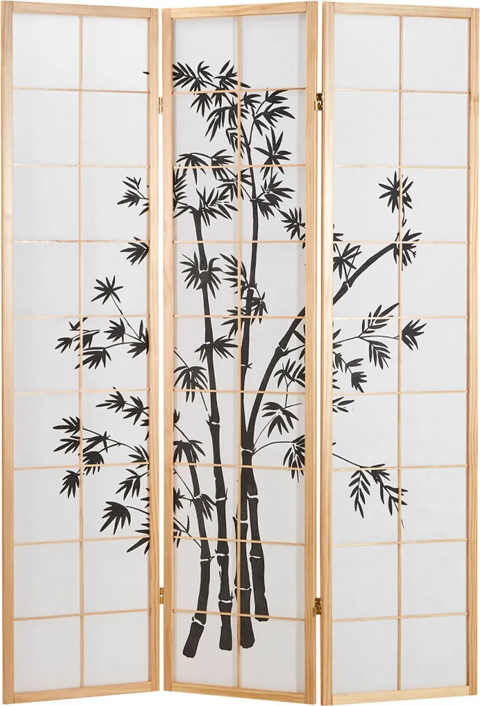 Paravent en bois naturel décor bambou noir motif panoramique chic