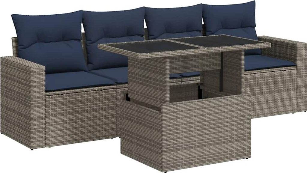 5-tlg. Garten-Sofagarnitur mit Kissen Grau Poly Rattan Akazie