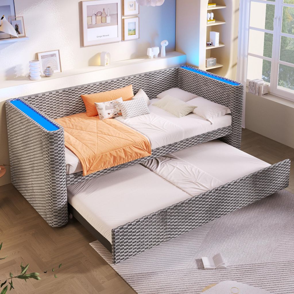 Tagesbett, Daybett, Schlafsofa, multifunktionales Ausziehbett-Design mit LED-Lichtleiste, Lattenrost (ohne Matratze), Samt, 90(180)cm×200cm, grau