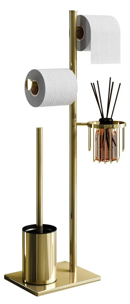 Support papier toilette sur pied sans percer avec brosse et panier or