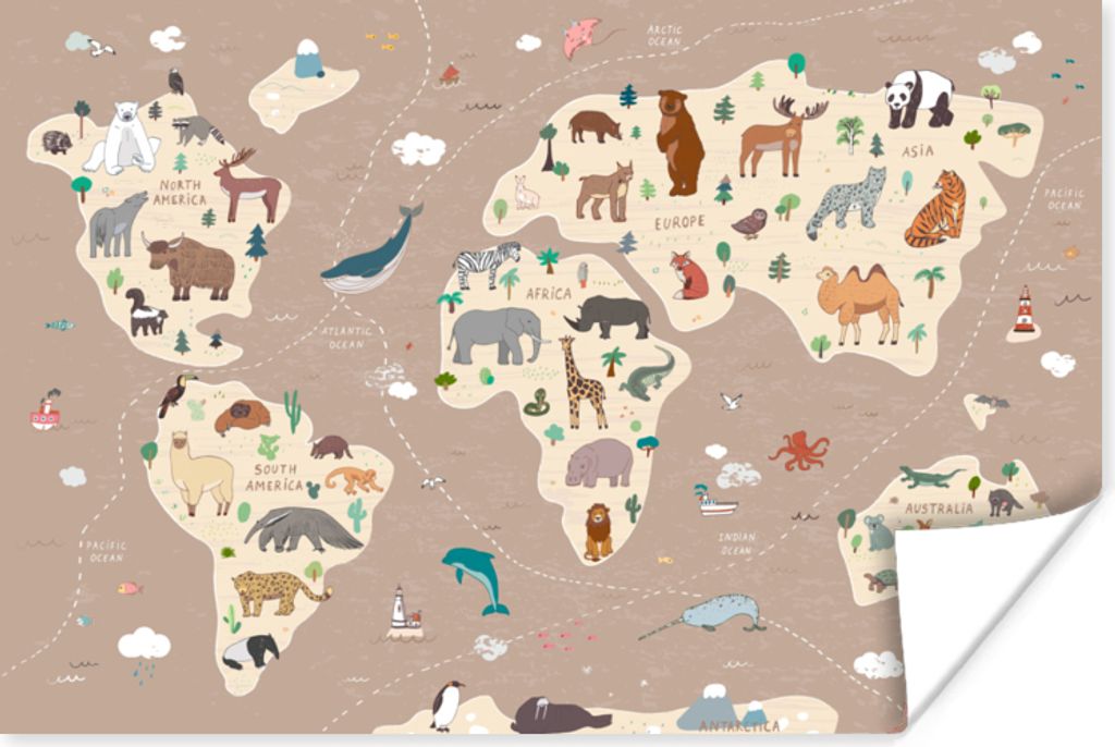 MuchoWow Poster Weltkarte Kinder - Tiere - Braun - Jungen - Mädchen 120x80 cm - Bilder