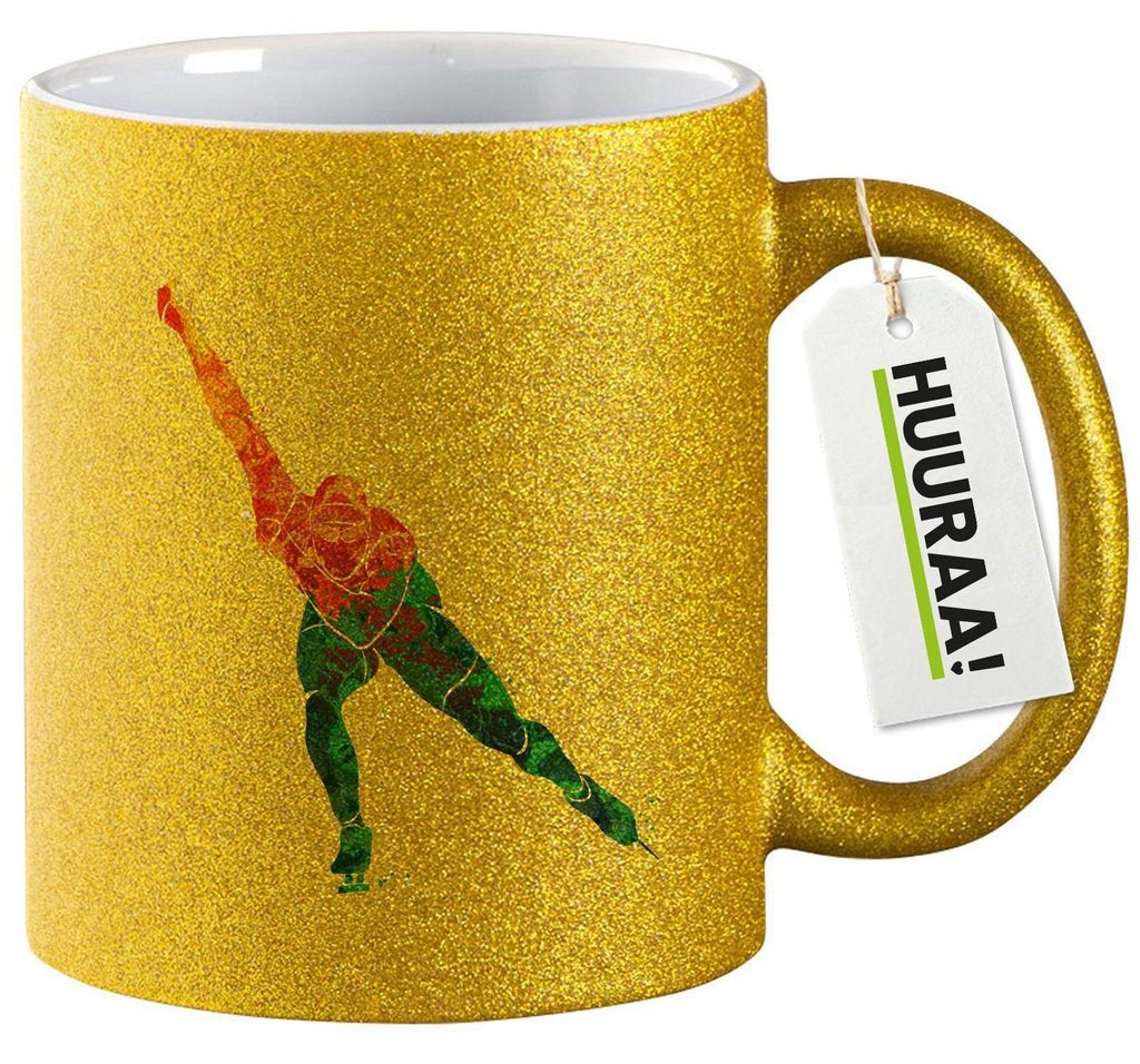 Huuraa Glitzertasse Eisschnelllauf bunte Silhouette 330ml Gold Keramik Kaffeebecher Geschenkidee