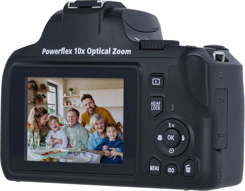 The back of a digital camera displaying a family photo on its screen.
