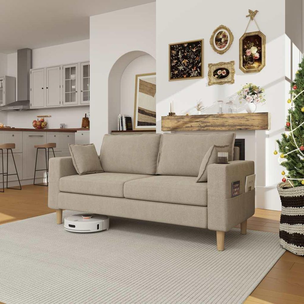 AIORBER Zweisitzer Sofa mit Stauraum und Getränkehaltern, Chenille 2 Sitzer Couch mit Seitentaschen und Kissen, kompaktes gemütliches Loveseat f...