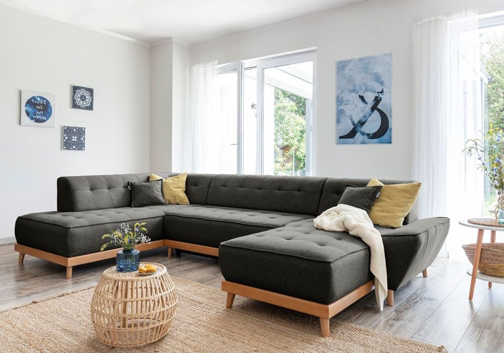 MIUFORM Dazzling Daisy - Ecksofa mit Bettfunktion und Bettkasten U-FORM LINKS - 330x190cm - Anthrazit - Sofa Schlafsofa Couch