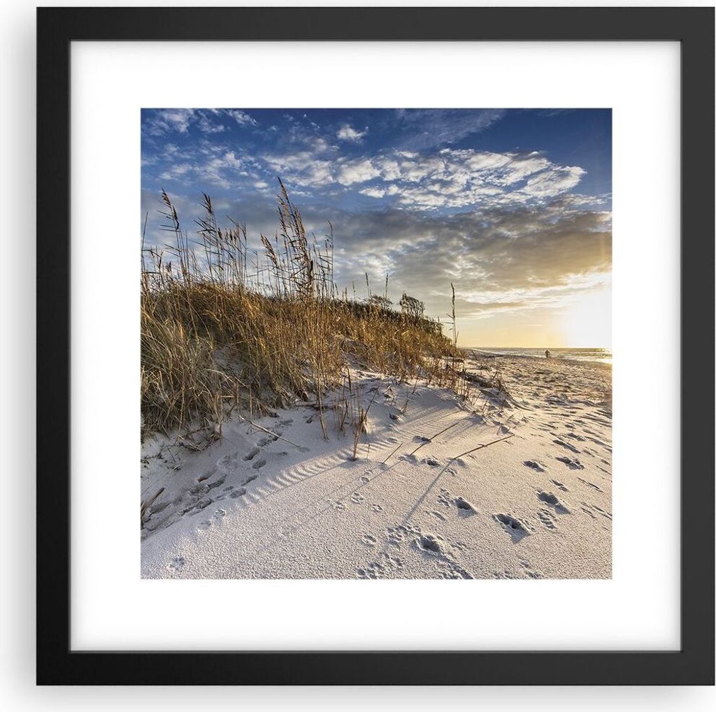 Gerahmtes Poster - Schwarzer Rahmen - Sand Gras Meer - 30x30 cm - Wand Bild - Wanddeko - Wandbilder - Kunstposter - Wandposter - Bilderrahmen - Bil...