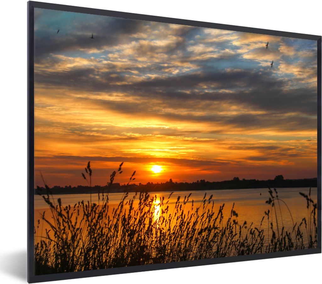 MuchoWow Gerahmtes Poster Sonnenuntergang - Meer - Horizont - Himmel - Pflanzen 40x30 cm - Poster mit Schwarzem Bilderrahmen Wandposter Rahmen Fo...