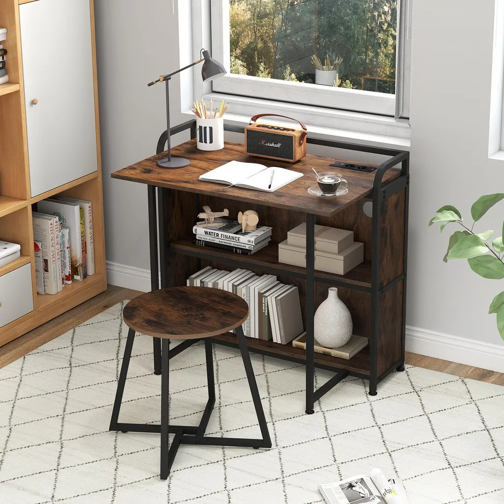 Costway Scrivania Pieghevole con Sgabello e Prese USB Marrone Office - 2