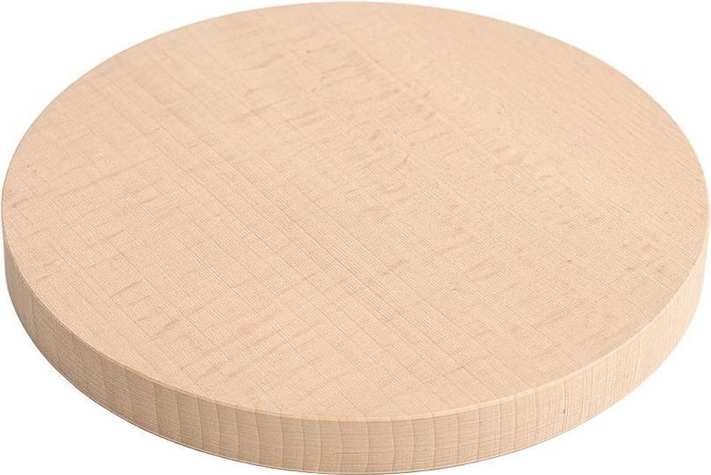A round wooden cutting board is shown from a slightly elevated angle against a white background.