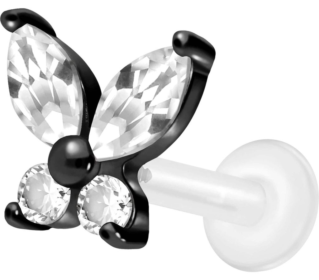 Ohrpiercing, Nasenpiercing PTFE Labret mit Innengewinde + Titan-Aufsatz KRISTALLSCHMETTERLING Schwarz Stablänge: 7mm | Stabstärke: 1,6mm