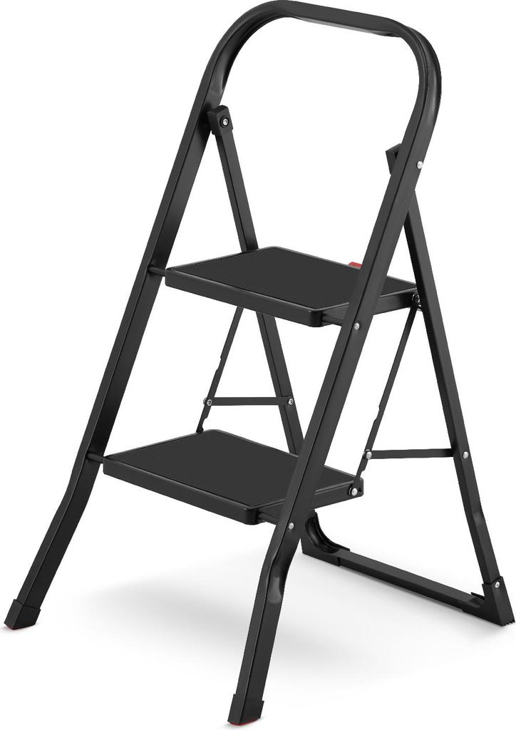 A black, two-step folding stepladder is shown against a white background.