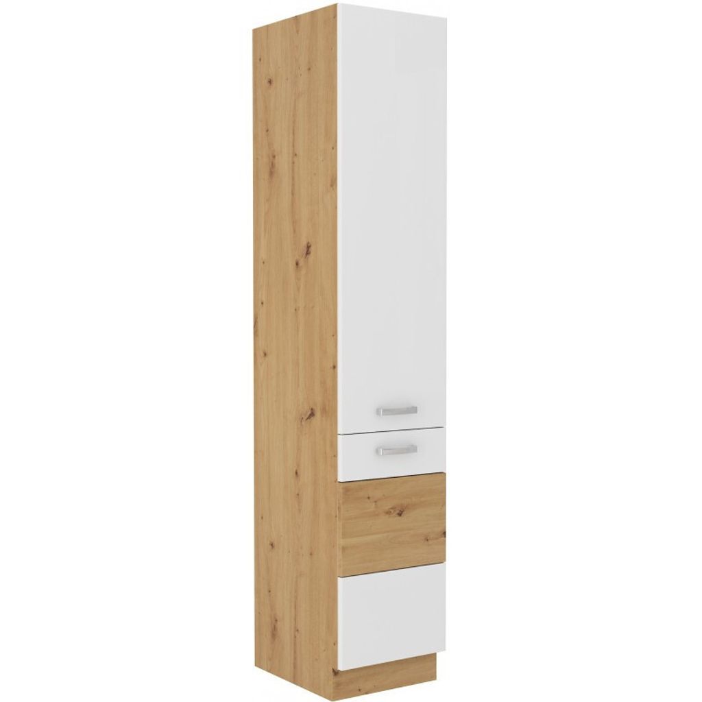 A tall, narrow cabinet with a wood-grain texture on the left side and white panels on the right. It has two small drawers at the top, a larger wood-grain drawer below them, and a white panel at the bottom.
