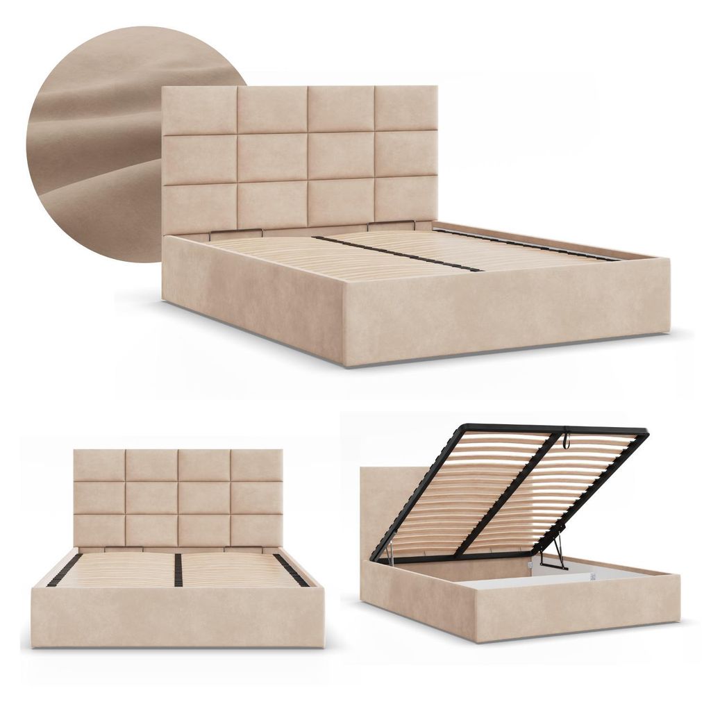 Polsterbett 180x200 cm – Stauraumbett mit Bettkasten, hochklappbar, stabiles Doppelbett mit dekorativem Kopfteil, Samt Beige YORK 180 x 200