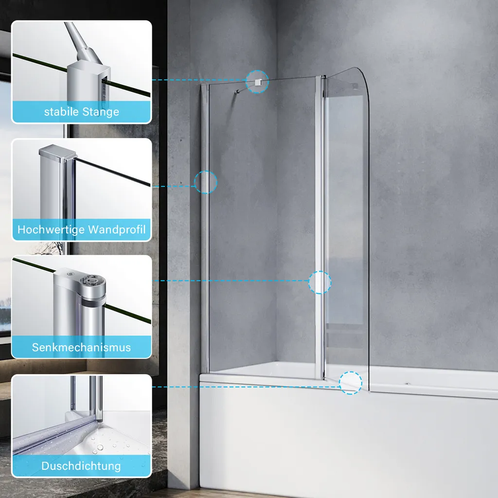 SONNI accessorio per vasca da bagno doccia 120x140(LxA), paravento pieghevole per vasca da bagno paravento doccia in vetro per vasca da bagno 2 pezzi, porta girevole a 180° in nano vetro, con stabilizzatore - 2