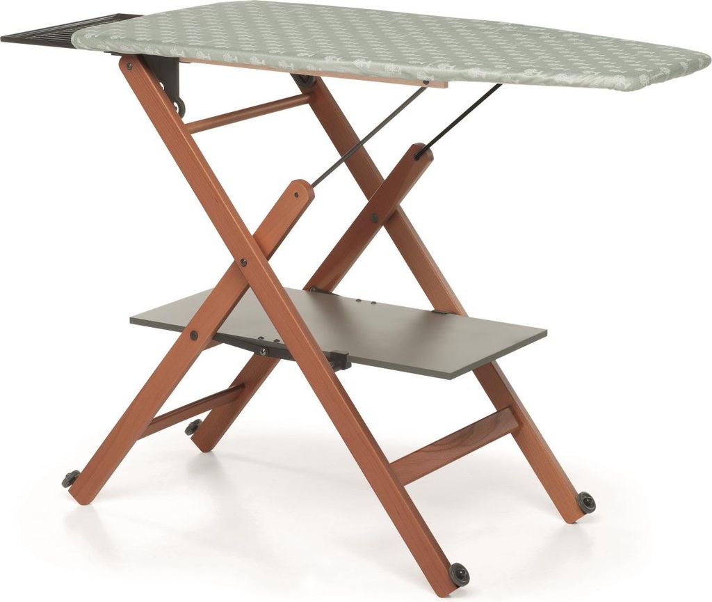 A wooden ironing board with a gray patterned cover and a lower shelf.