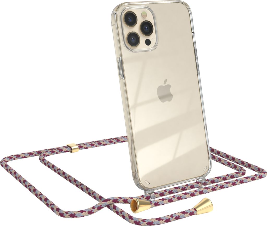 EAZY CASE Handykette kompatibel mit Apple iPhone 12 Pro Max, Handyhülle mit Umhängeband, Handykordel, Schutzhülle Clear, Band in Rot