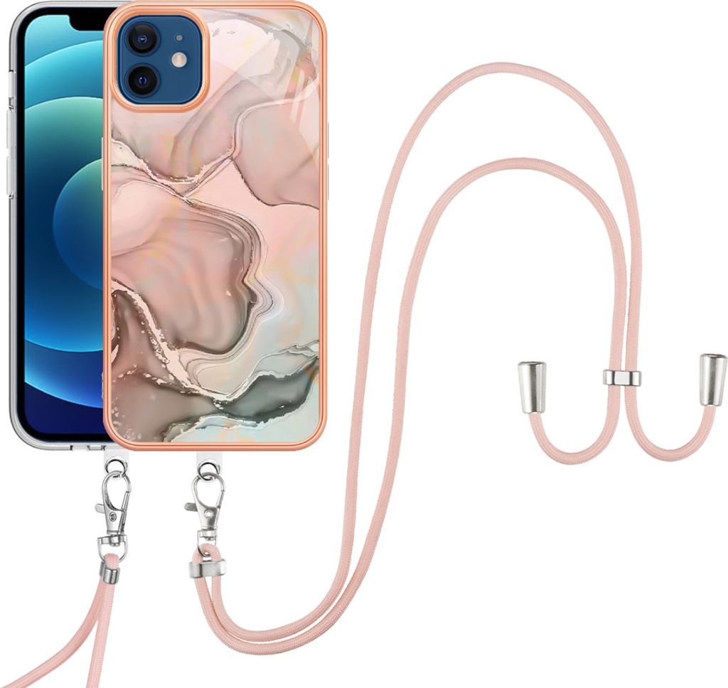 iPhone 12 / 12 Pro Handykette Hülle, Muster TPU Bumper Schutzhülle mit verstellbarem Tragegurt für iPhone 12 / iPhone 12 Pro Crème