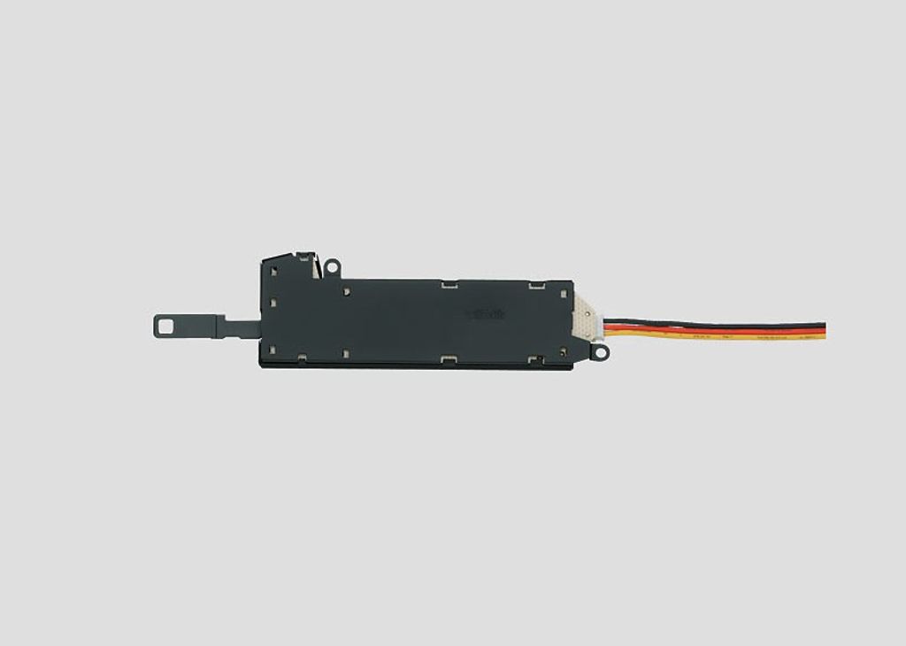 A close-up, studio shot of a black electronic component with a multi-colored wire extending from it, set against a plain light gray background.