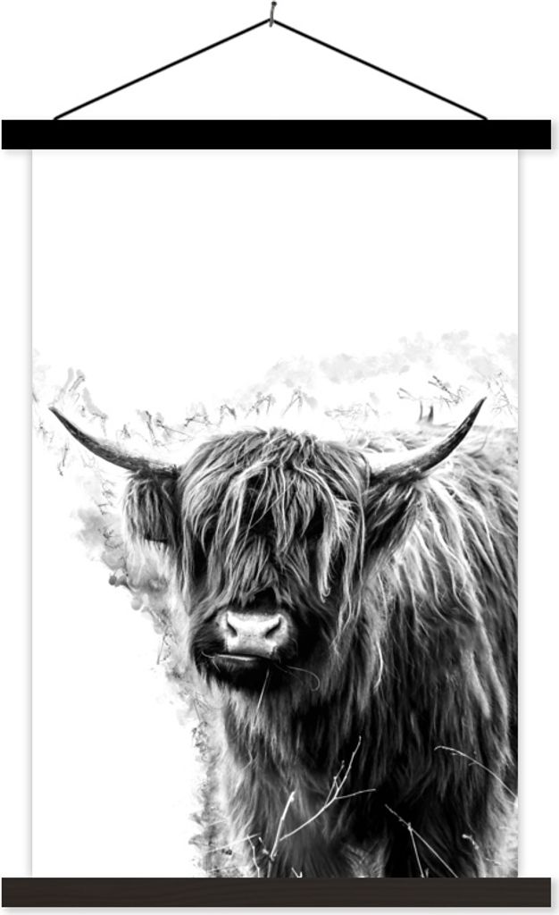 MuchoWow Textilposter Schottisches Hochlandrind auf speziellem Hintergrund - schwarz und weiß 60x90 cm mit schwarzem Rahmen - Poster Wohnzimmer