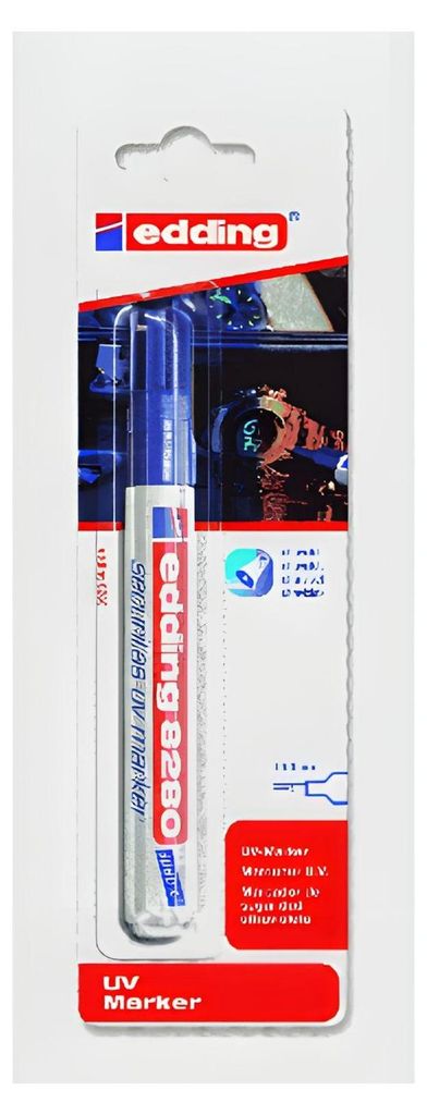 A retail package containing a blue Edding UV marker.