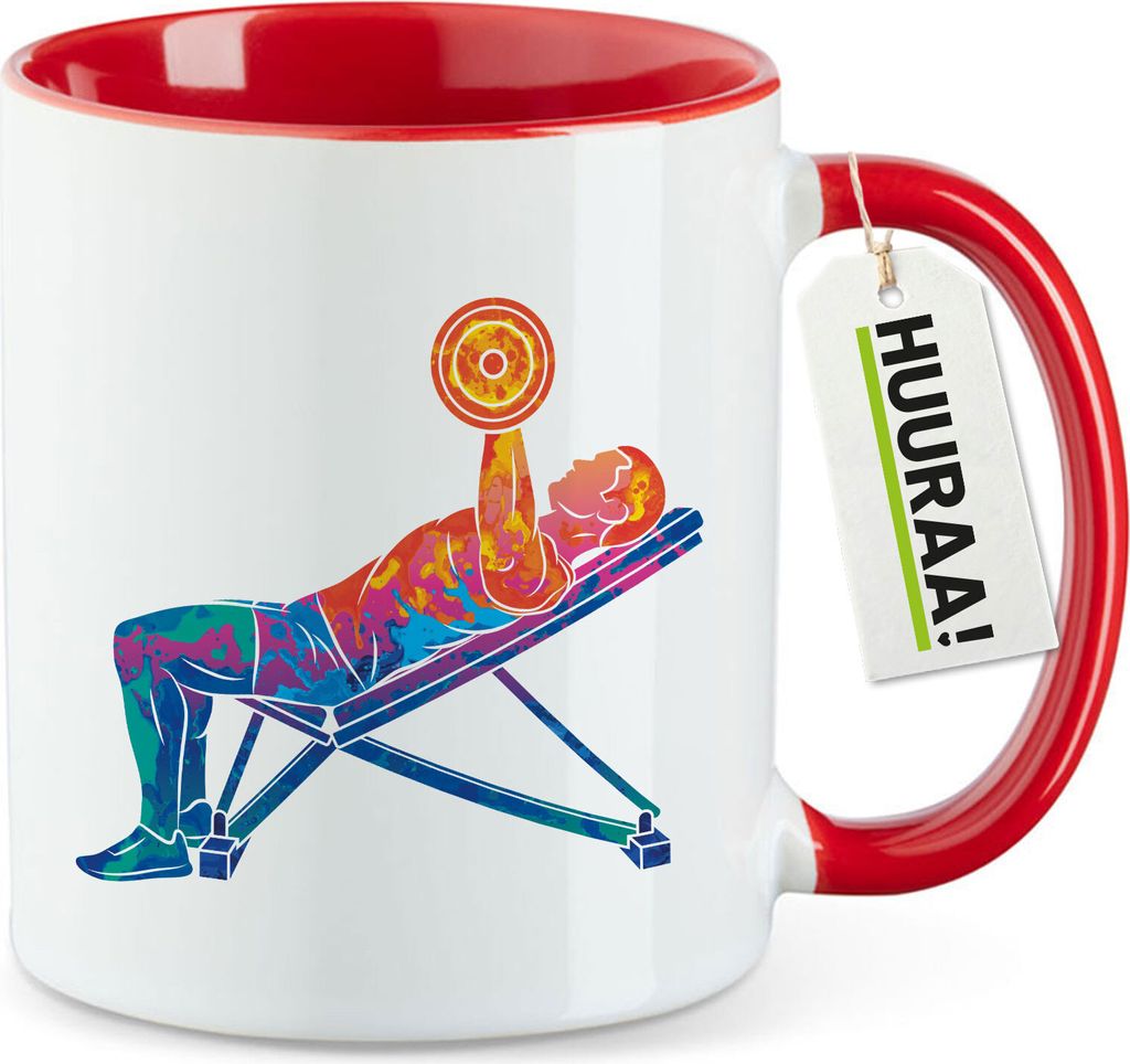 Huuraa Kaffeetasse Fitness Training Bench Press bunte Silhouette 330ml Rot Keramik Kaffeebecher Geschenkidee