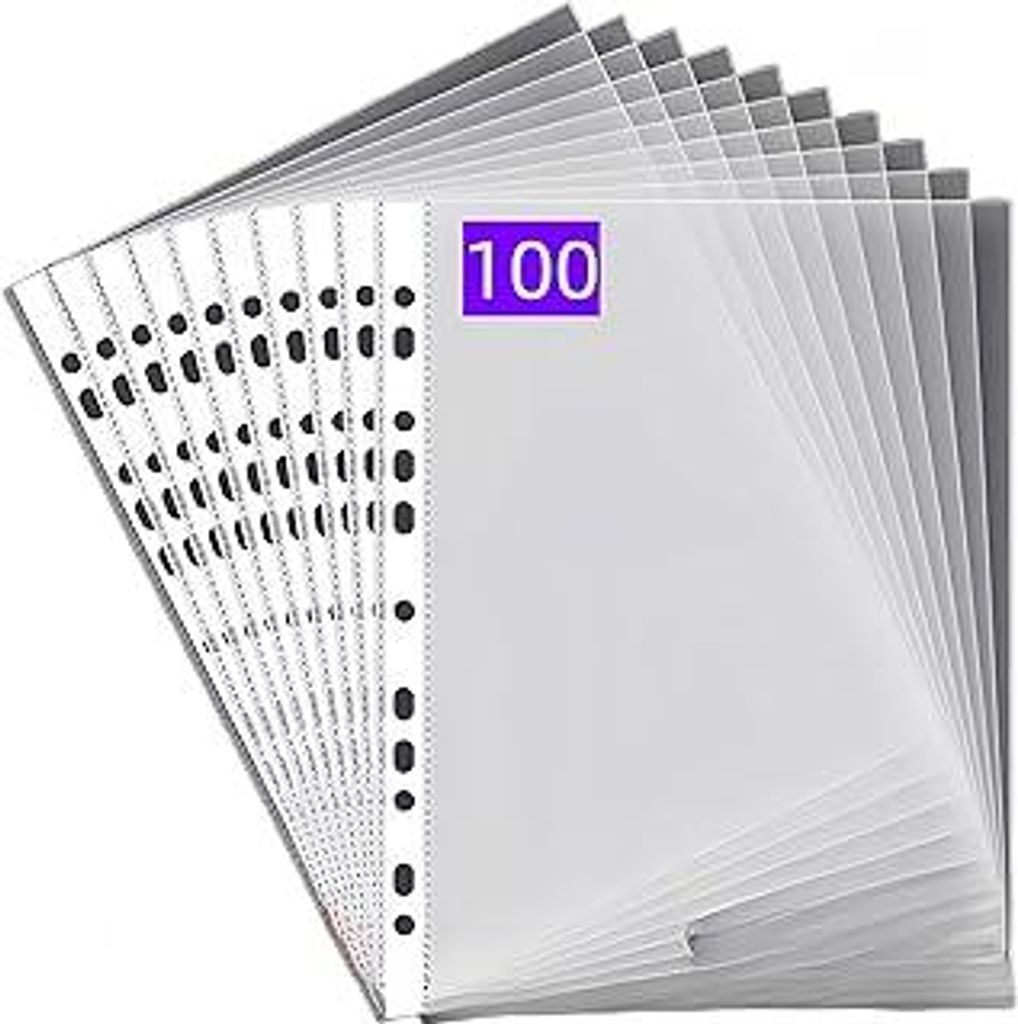 PUTOAHAO 100 Stück Klarsichthüllen A4 Glasklar,DINA4 Prospekthüllen aus PP(0.06 mm,60 My,60μ,60 micron),11 Loch Perforationen Klarsichtfolien A...