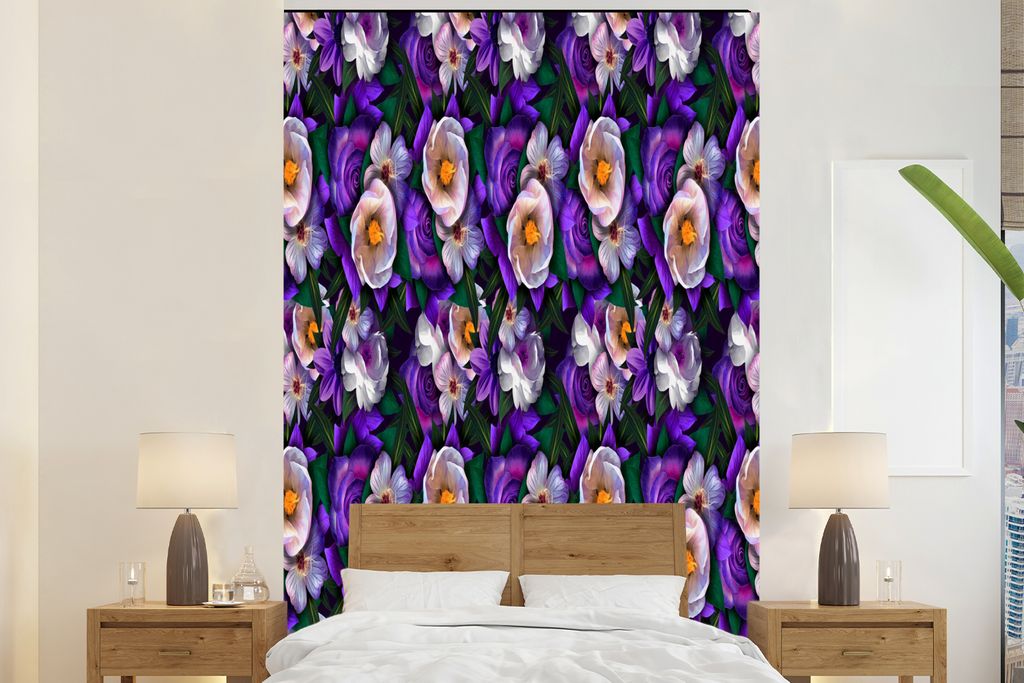 MuchoWow Fototapete für Wohnzimmer oder Schlafzimmer Wandtapete Vinyl Motivtapete Blumen - Lila - Muster - 145x220 cm - Wanddekoration