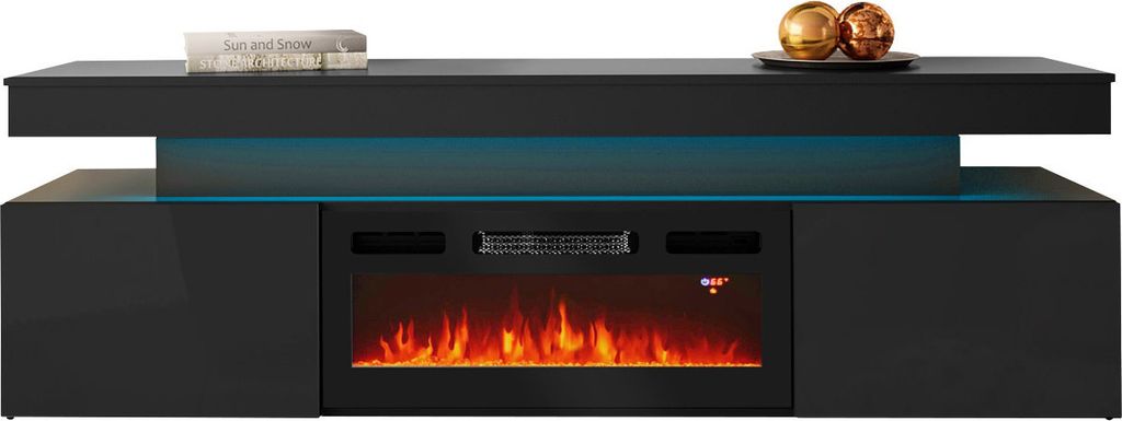 MIRJAN24 TV-Lowboard EF 2D Glossa mit Kamin, Realistische LED-Flamme, TV-Schrank, Wohnzimmer RTV (Farbe: Schwarz / Schwarz Hochglanz)