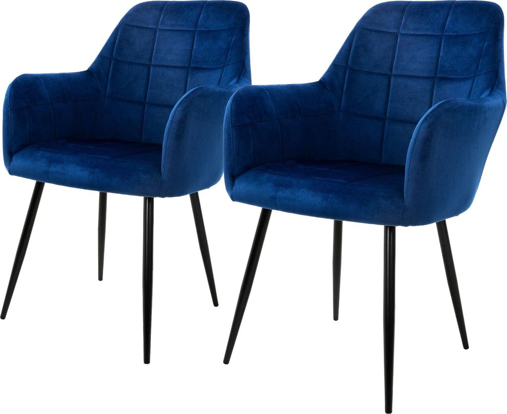 Two dark blue velvet dining chairs with black metal legs are shown against a white background.