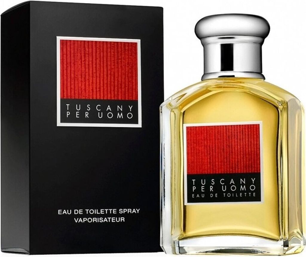 A bottle of Tuscany Per Uomo eau de toilette and its packaging are displayed against a white background.