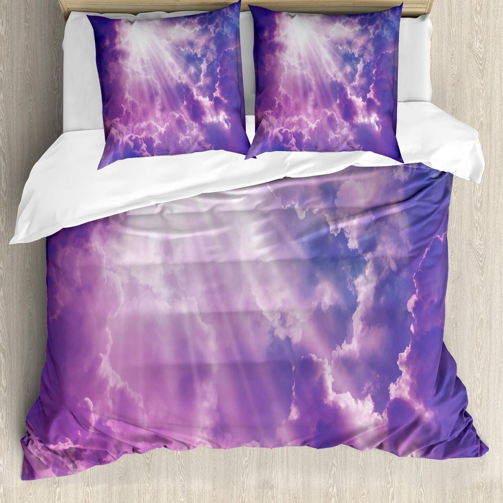 ABAKUHAUS Landschaft Bettbezug Set, Dramatischer Magischer Himmel Mit Sonne Und Schweren Wolken Sun Rays Bild, 155 x 220 cm + 80 x 80 cm, Lila und ...