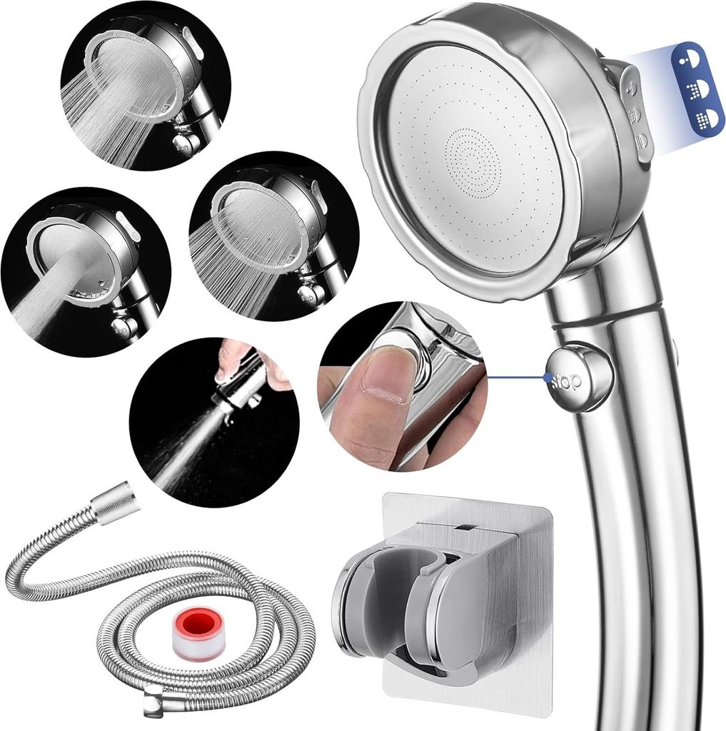 Hochdruck-Duschkopf mit Schlauch - wassersparend - Chrom