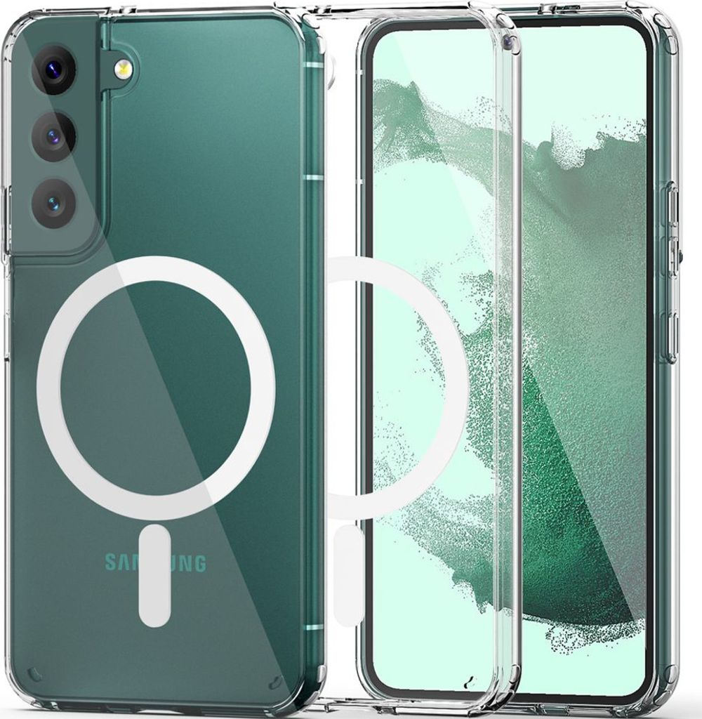 A clear phone case with a magnetic ring is shown next to a phone.
