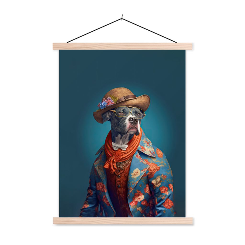 MuchoWow Textilposter Hund - Jacke - Blumen - Hut - Blau 120x160 cm mit holzfarbenen Rahmen - Plakatkarton