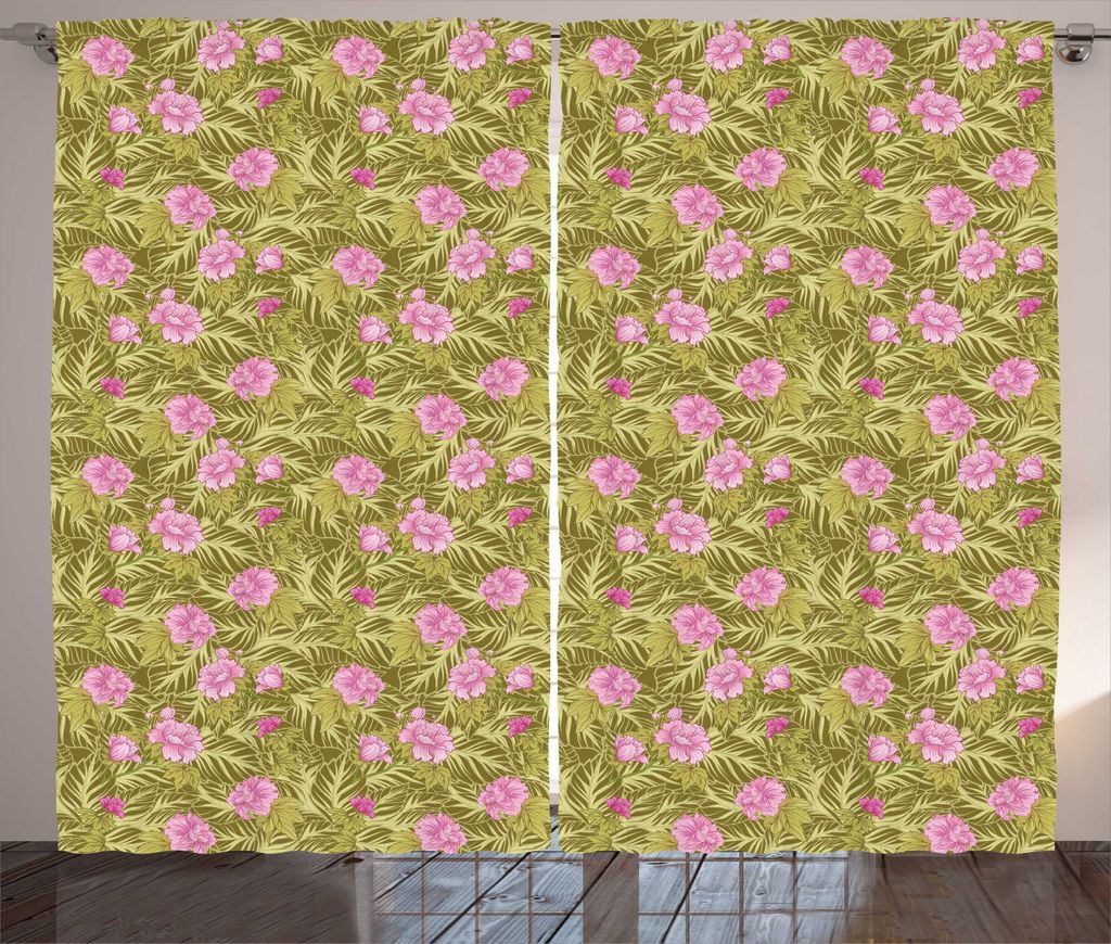 ABAKUHAUS Asian Blätter Rustikaler Gardine, Japanische Kunst-Art, Schlafzimmer Kräuselband Vorhang mit Schlaufen und Haken, 280 x 225 cm, Fawn Kh...