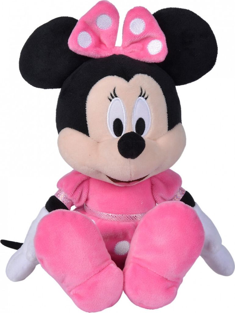 A plush toy of Minnie Mouse sitting down, facing forward.
