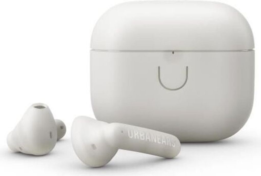 A pair of white wireless earbuds and their charging case are displayed against a white background.