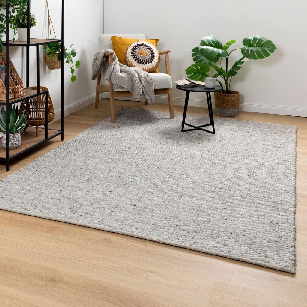 Steffensmeier Handweb Teppich Nellenberg | Schurwolle | Grau Natur, handgewebt, Größe: 250x290 cm Wohnzimmer und Schlafzimmer