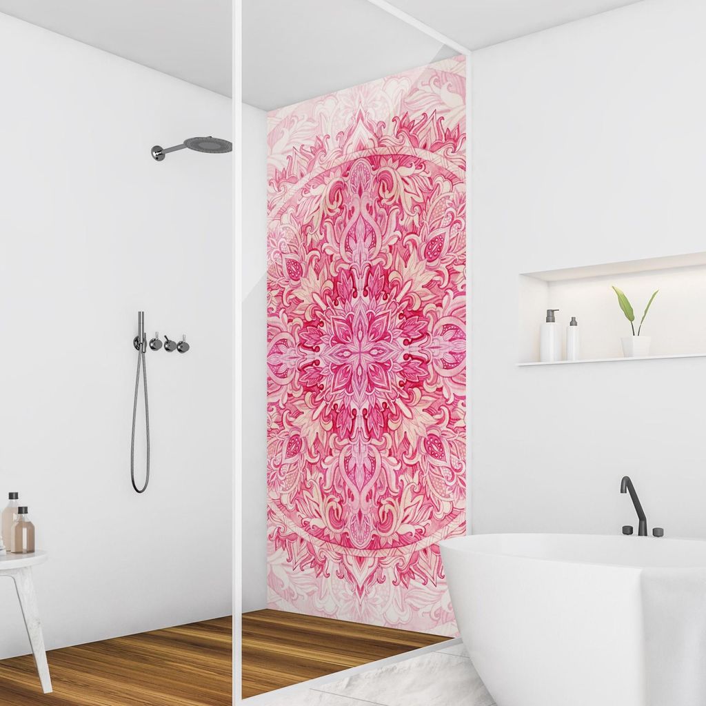 Duschrückwand Spirituell selbstklebend - 0.61 mm Wandpaneel wasserfest Ornament pink Aquarell Badrückwand fugenlos Premium matt 100x200 cm