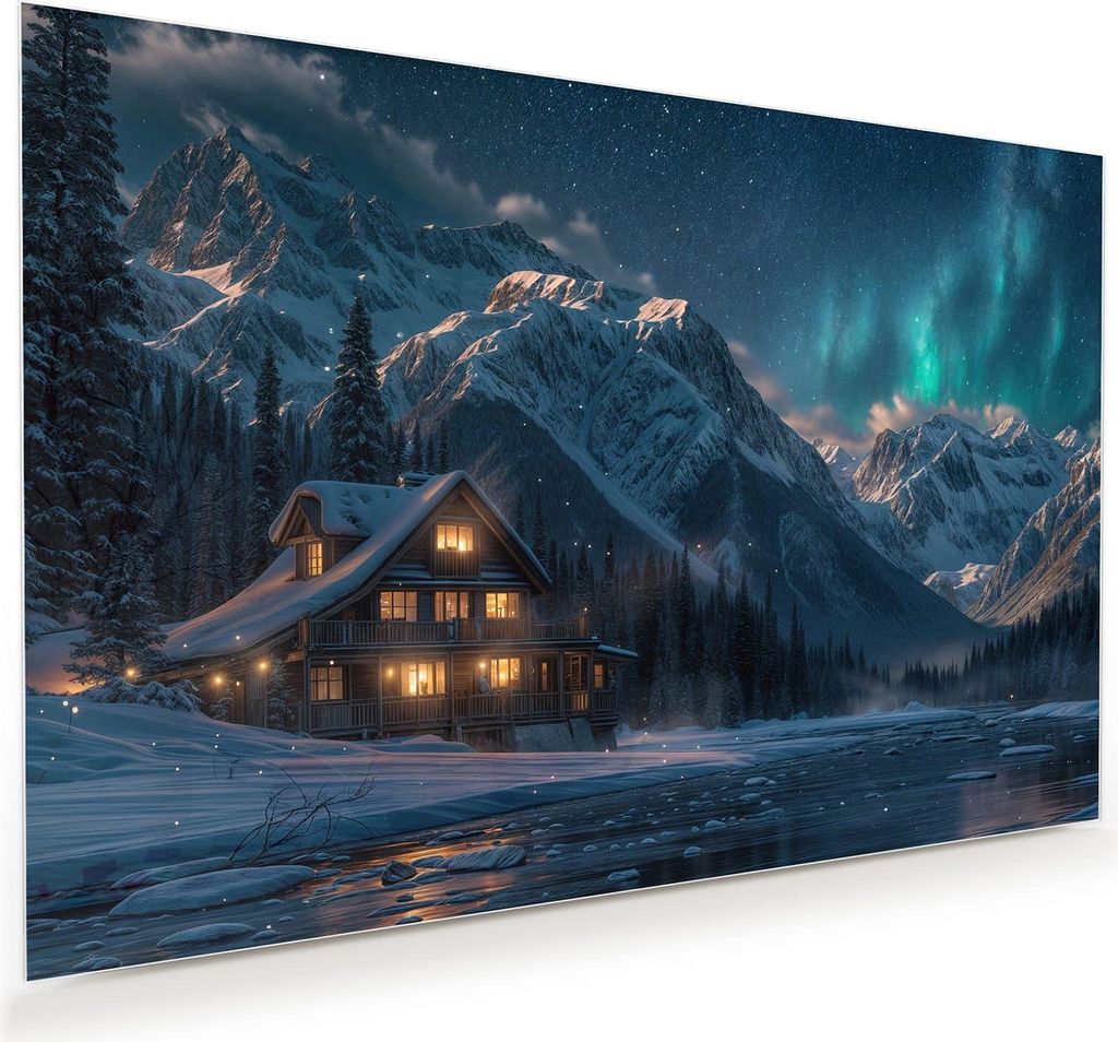 Glasbild 90x60cm in XXL für Wohnzimmer, Schlafzimmer Motiv Berghütte im Winter