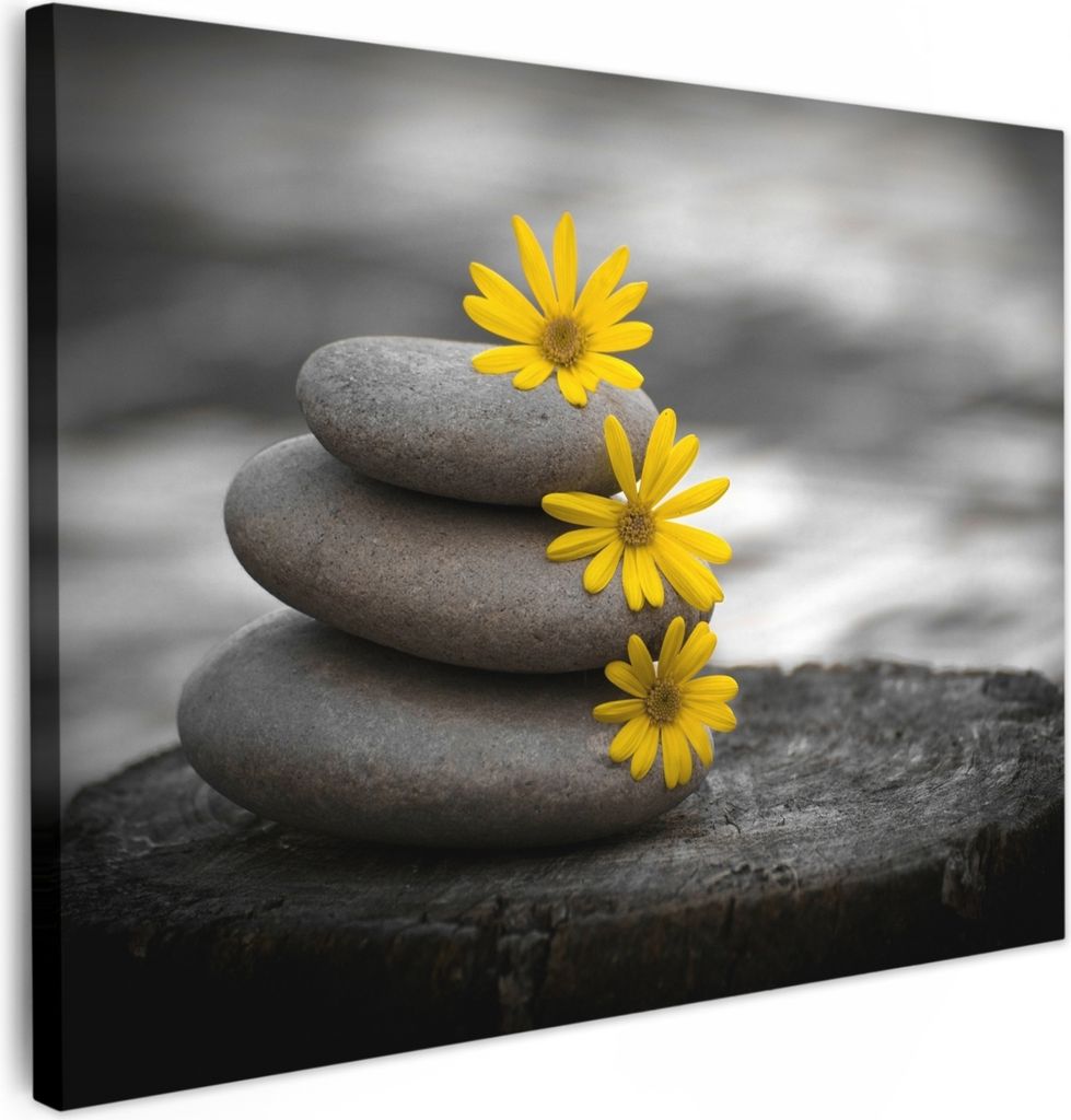 MuchoWow - Leinwandbilder - Zen-Steine - Blumen - Gelb - Natur, Wandbild, Wanddeko Bilder Wohnzimmer, 70x50 cm